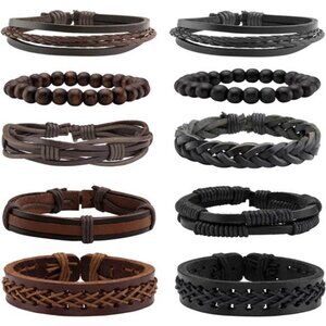 10 Pcs Braided Leather Bracelet for Men Women Wooden Beaded Bracelets
